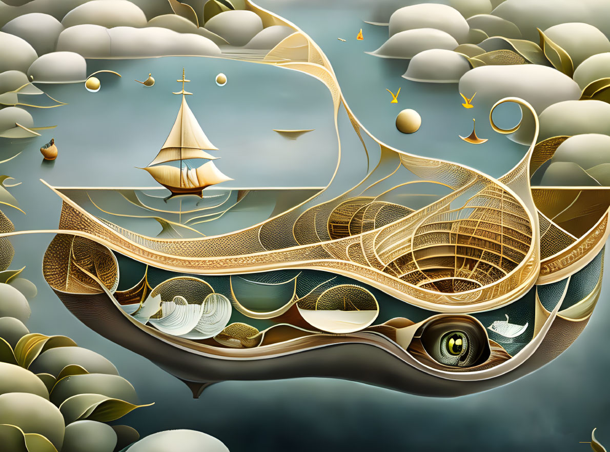 Surreal ship illustration with swirling waves and playful sea-inspired elements