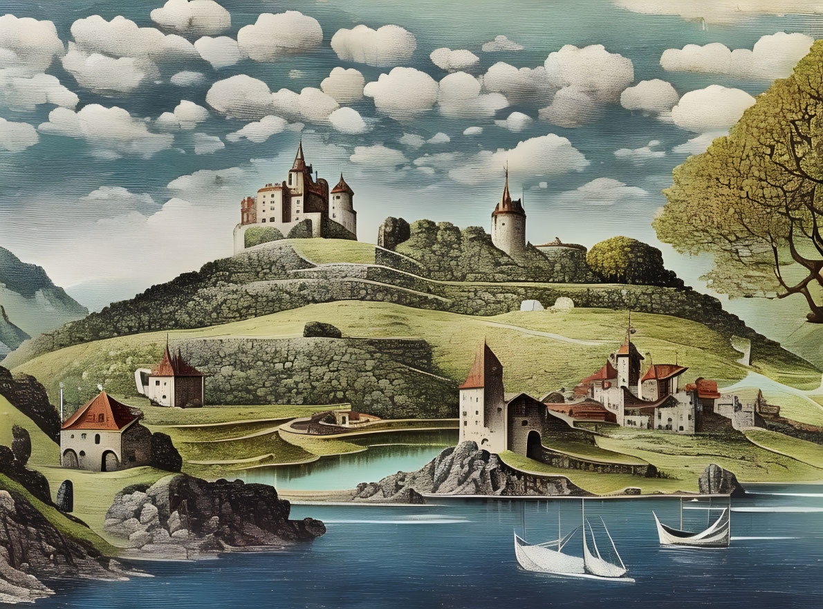 Whimsical castle on rolling hills with traditional houses and sailboats