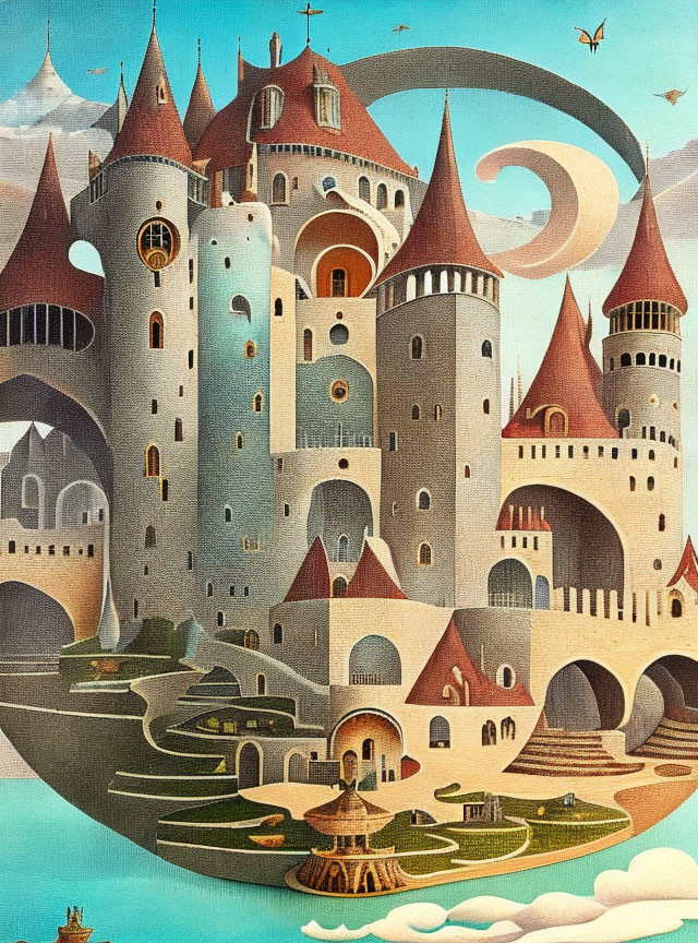 Whimsical castle with spiraling turrets in a fantastical landscape