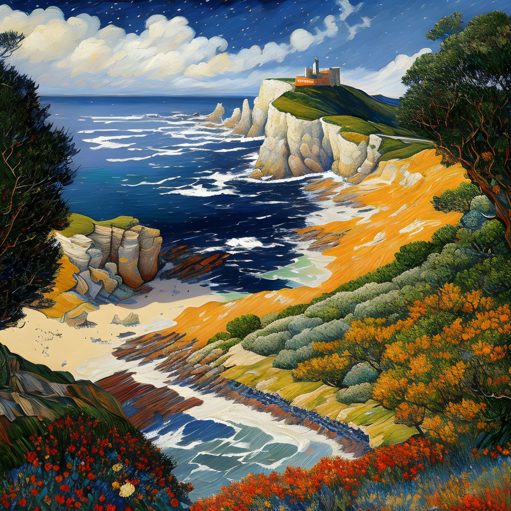 Colorful Coastal Landscape Painting with Castle, Beach, Greenery, Flowers, & Sea