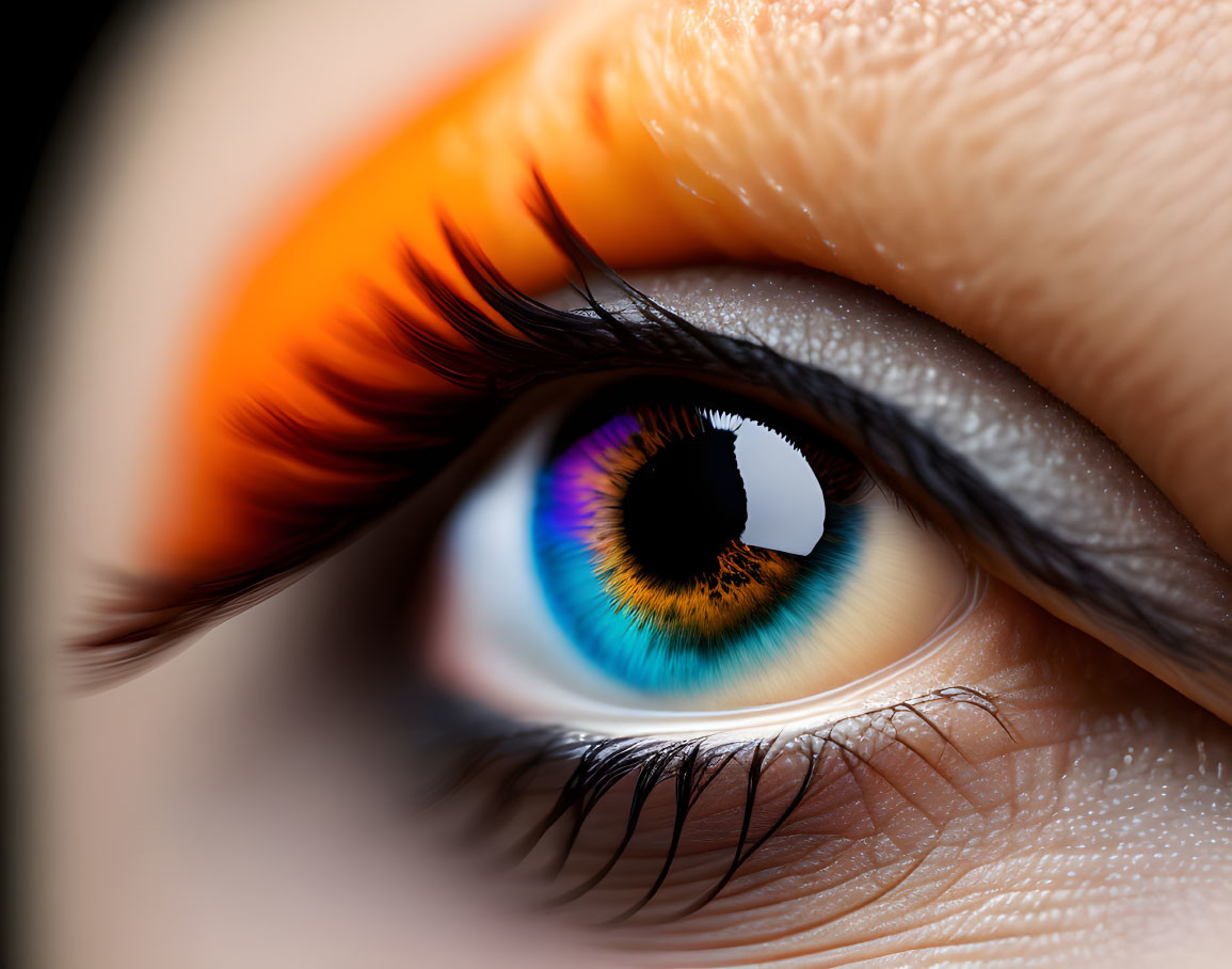 Detailed Close-up of Human Eye with Rainbow-Colored Iris and Eyeshadow