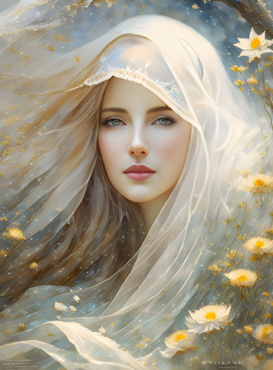 Portrait of woman with long hair, veil, butterflies, and dandelions