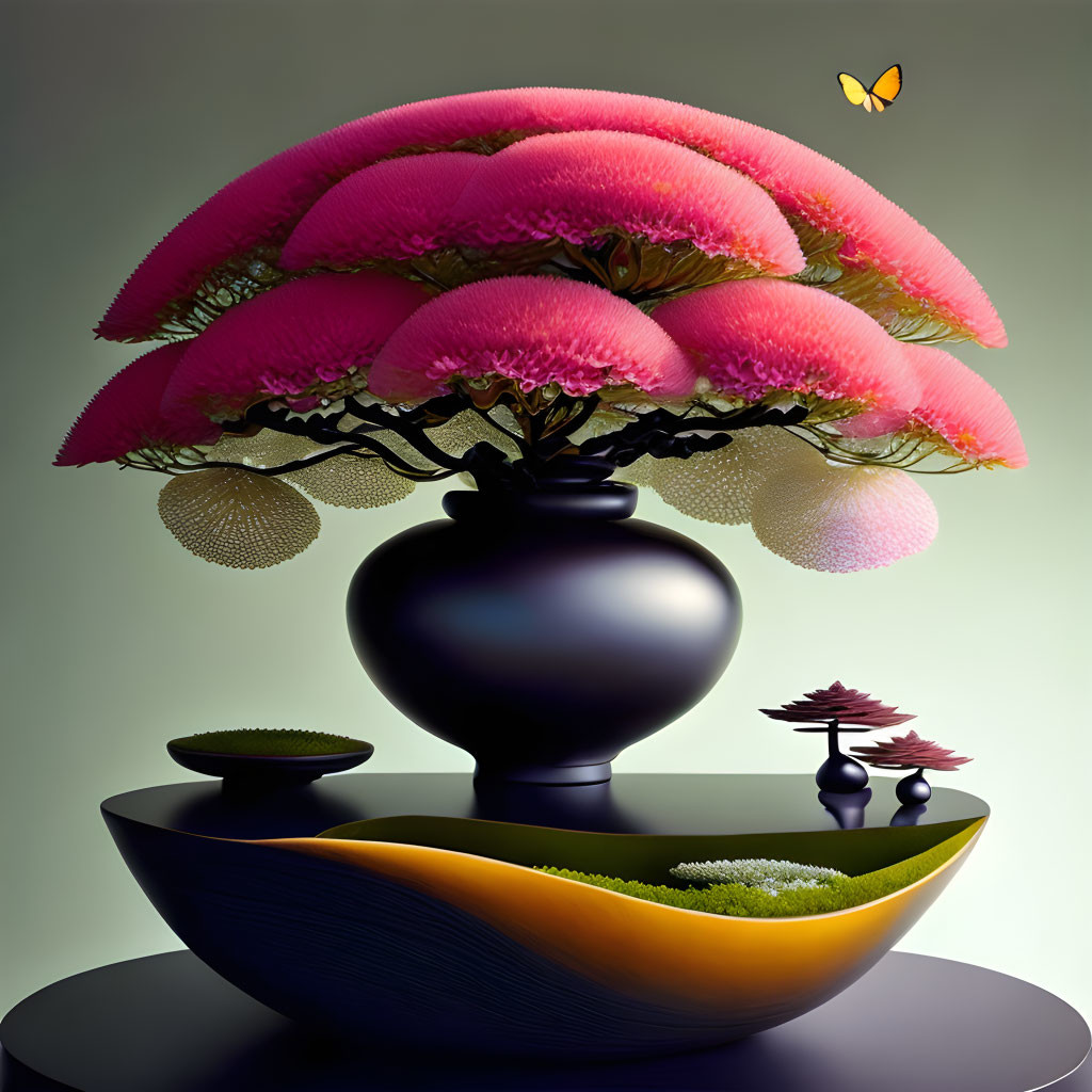 Digital Art: Pink Tree with Lantern Flowers in Black Vase, Butterfly & Vegetation Platforms