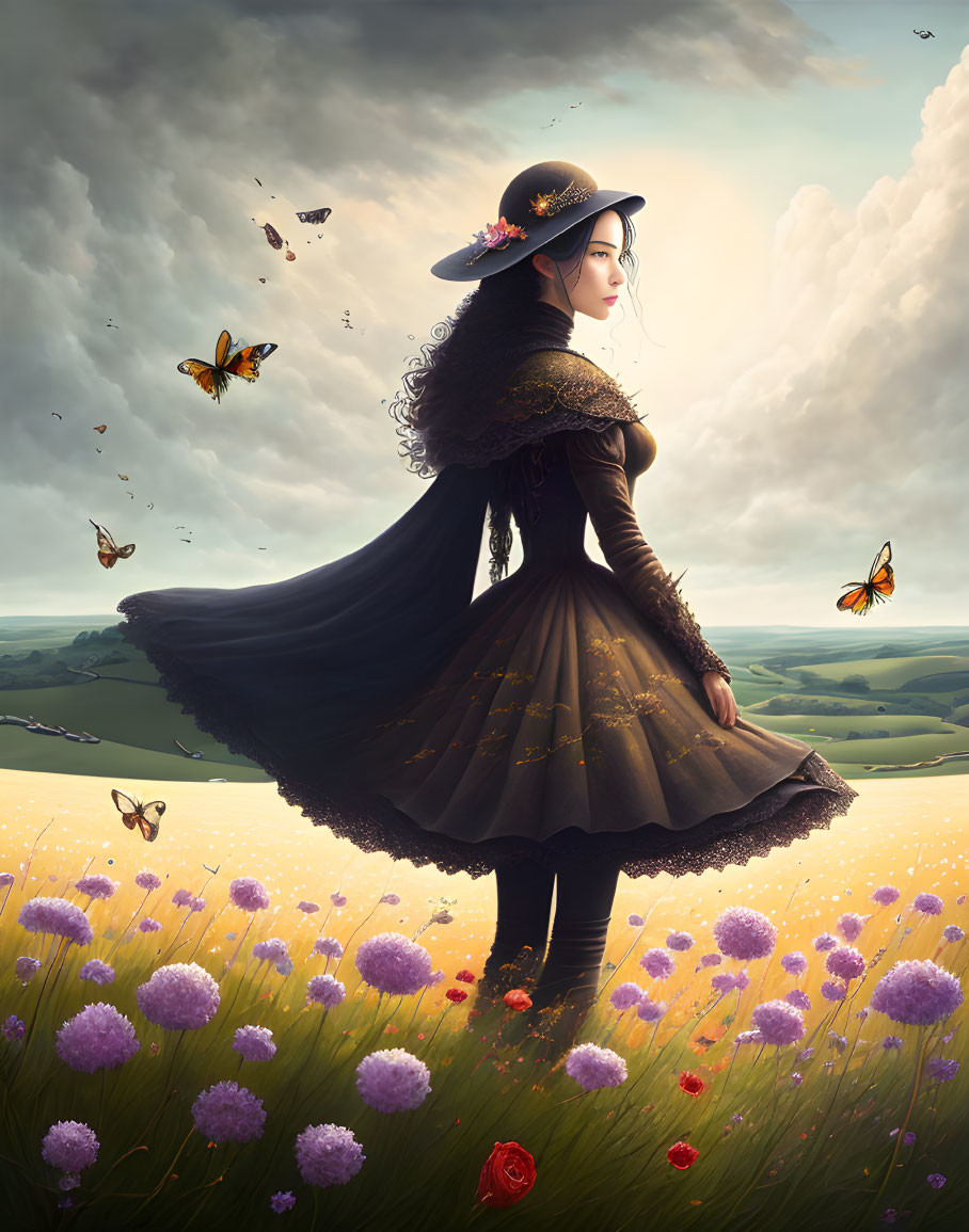 Woman in vintage black dress in flower field with butterflies under dramatic sky