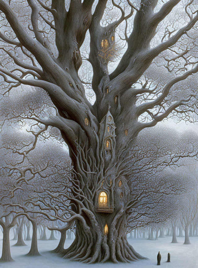 Fantasy illustration: Enchanted tree with glowing windows in winter forest twilight.