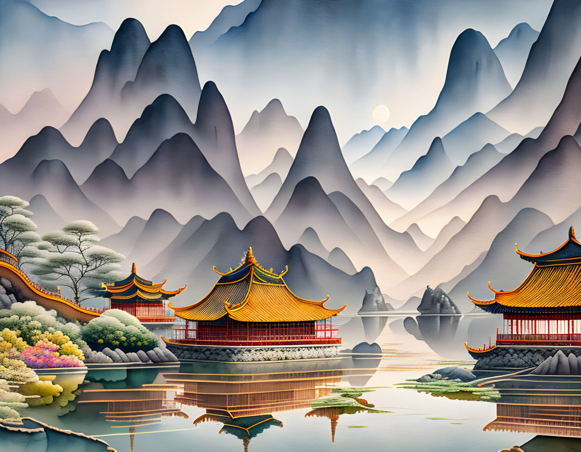 Layered Mountains, Serene Lake, Classic Architecture: Traditional Asian Landscape Painting