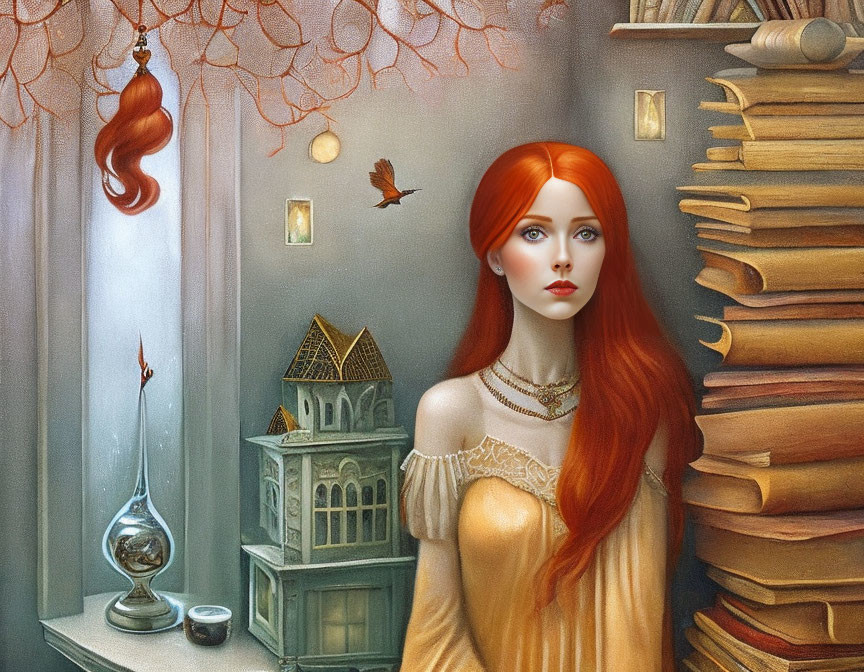 Surreal portrait of woman with red hair, candle, and miniature buildings among books and autumn leaves