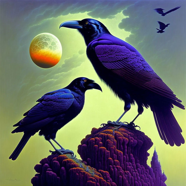 Vividly colored ravens perched on purple rocks under a yellow moon