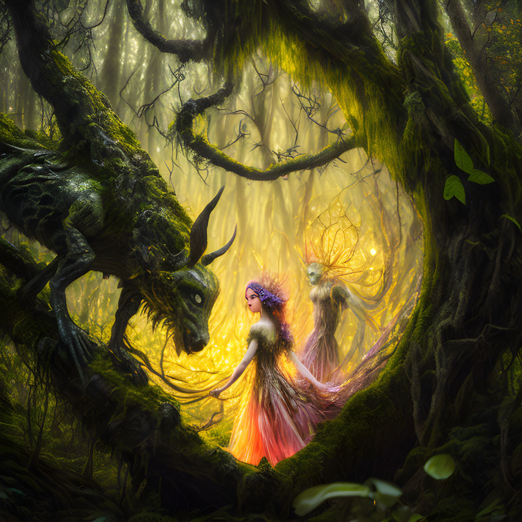 Enchanted forest with glowing ethereal beings among ancient moss-covered trees