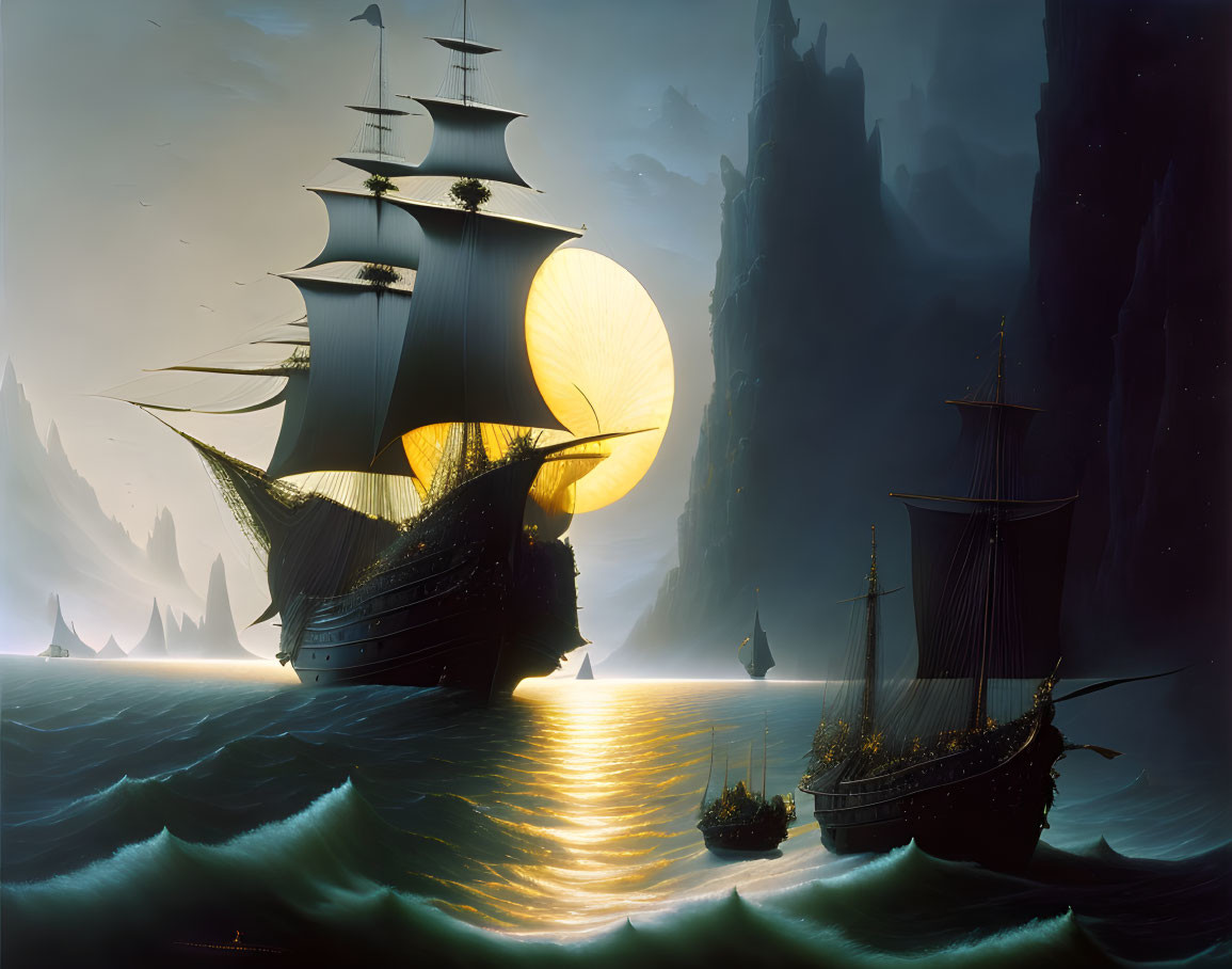 Sailing ships on stormy seas under a yellow moon