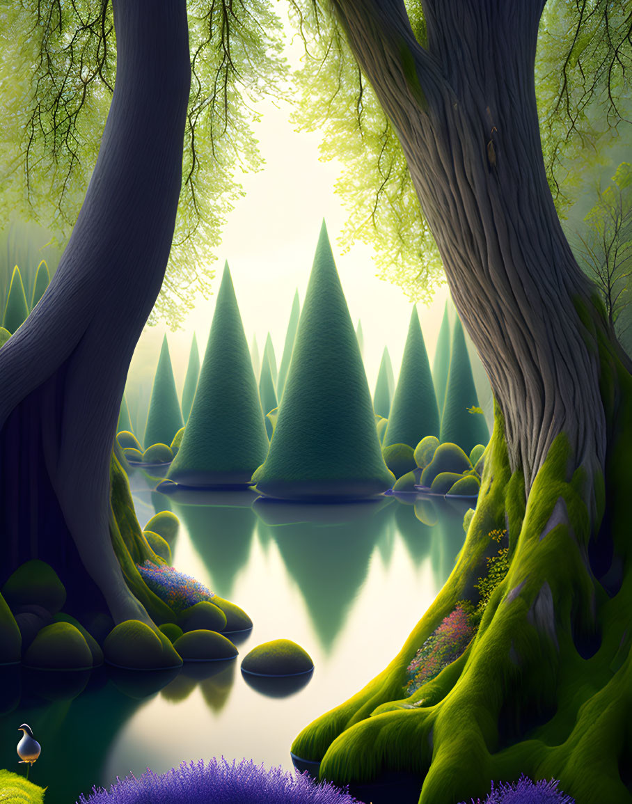 Tranquil forest landscape with green trees, lake, and duck in soft sunlight