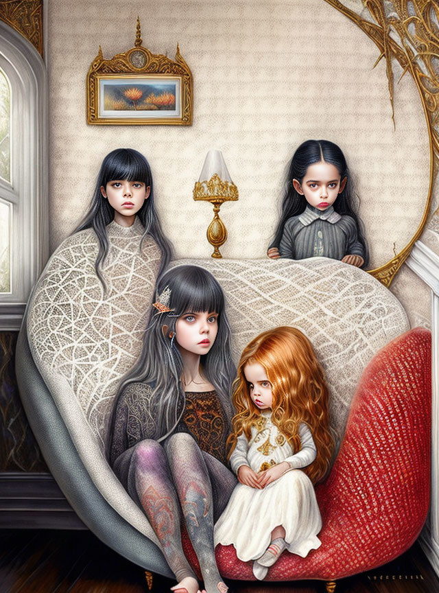 Four girls with distinct hairstyles and expressions on vintage sofa in ornate room