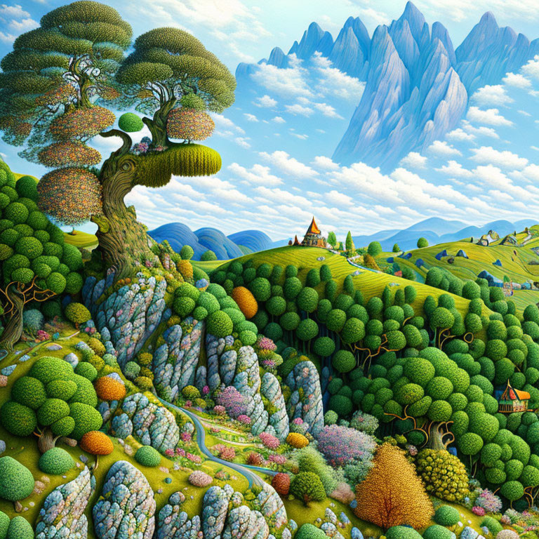 Vibrant landscape with stylized trees, rolling hills, and whimsical houses