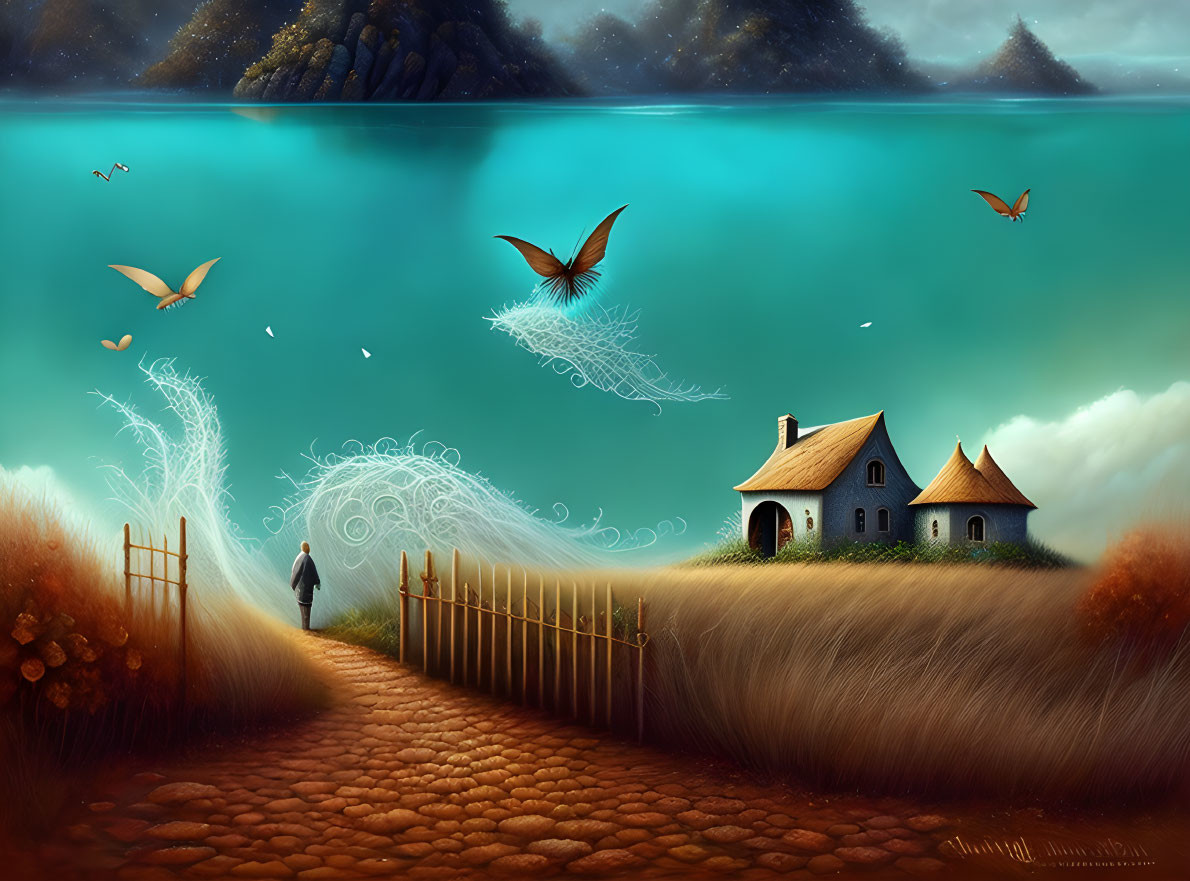 Fantasy landscape with figure, house, lake, birds, and hills