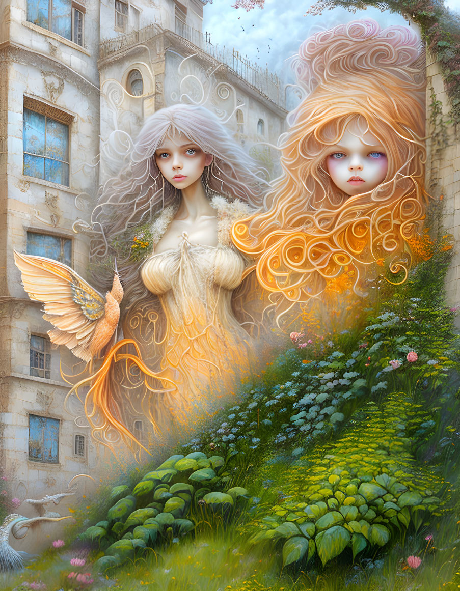 Fantasy illustration of ethereal female figures in lush garden with colorful bird