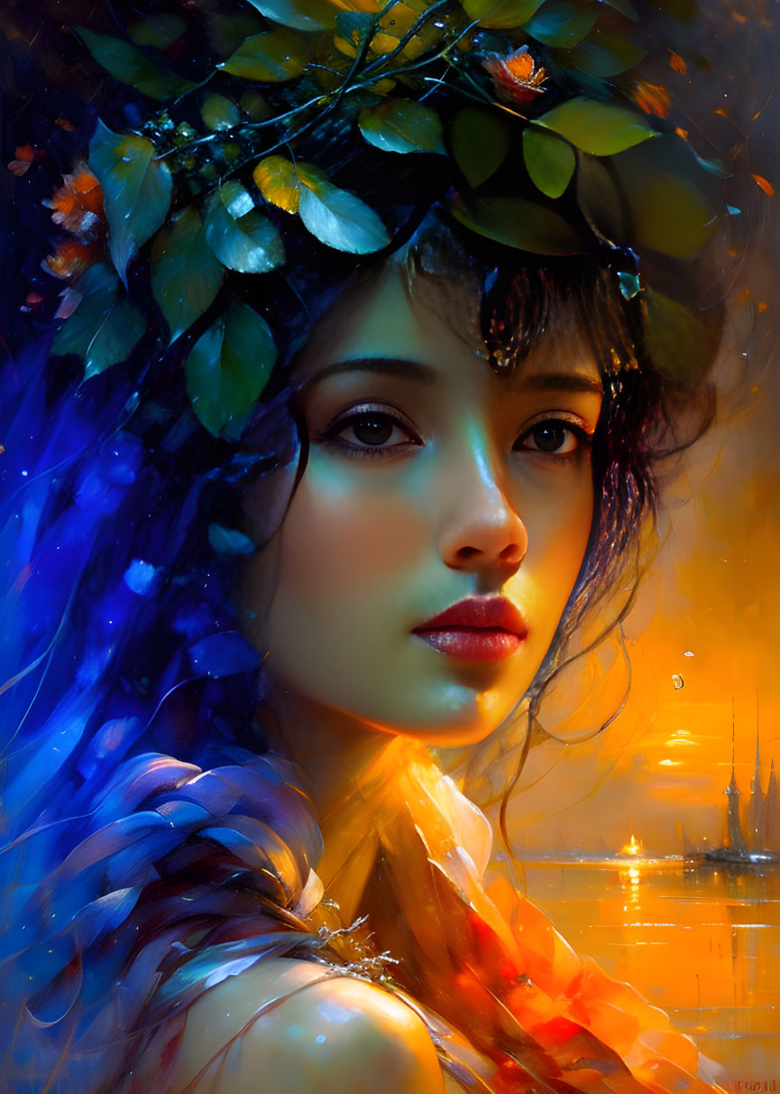 Blue-haired woman with autumn leaves in hair and mystical cityscape in warm golden light