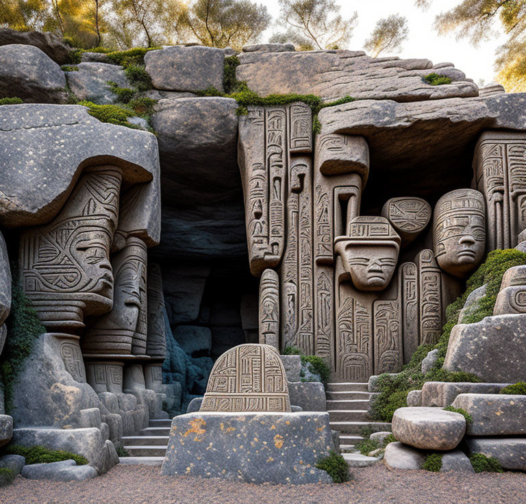 Mystical stone garden with carved faces and symbols in verdant setting