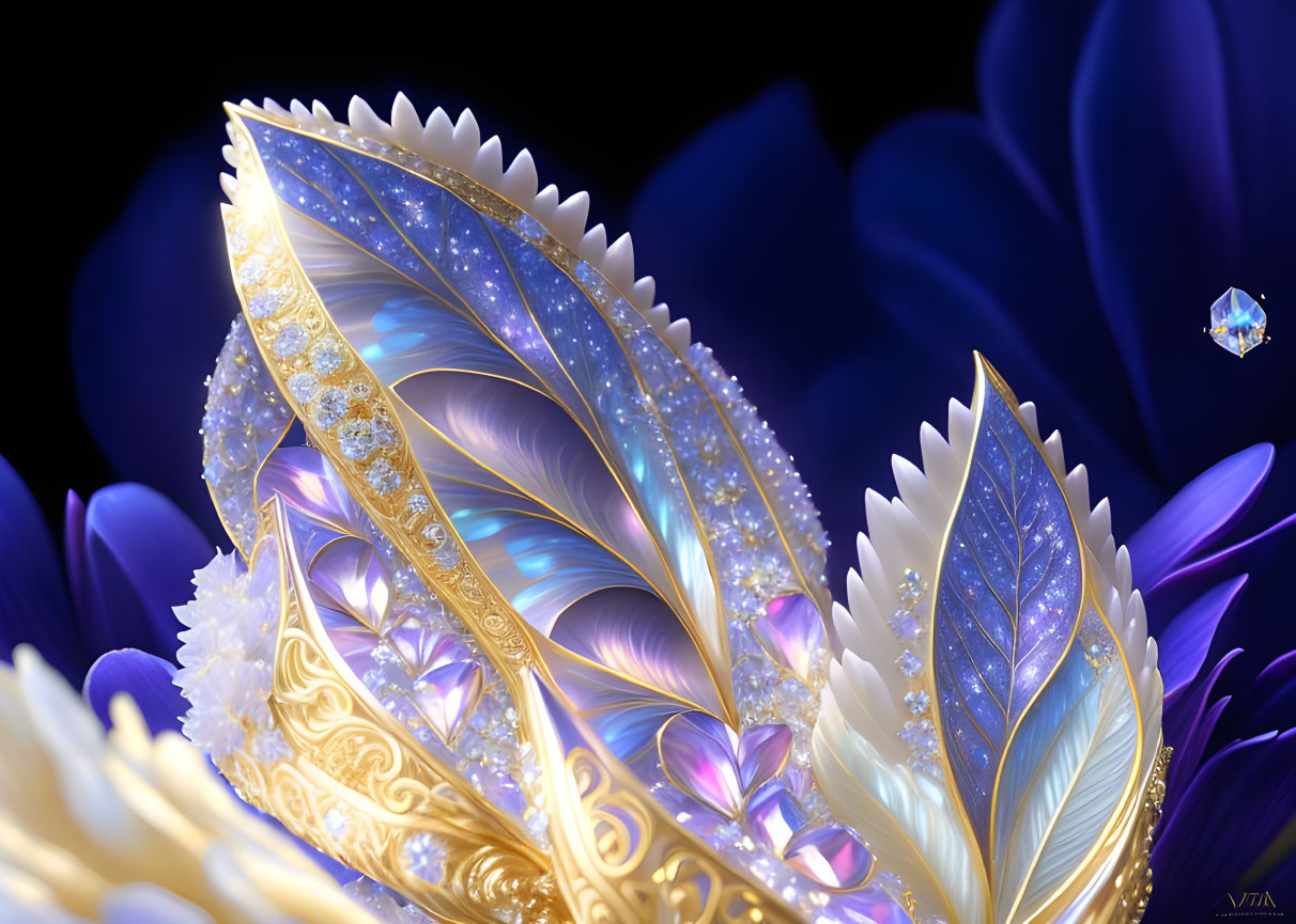 Detailed digital artwork: Ornate, jewel-encrusted feathers with gold detailing on stylized blue