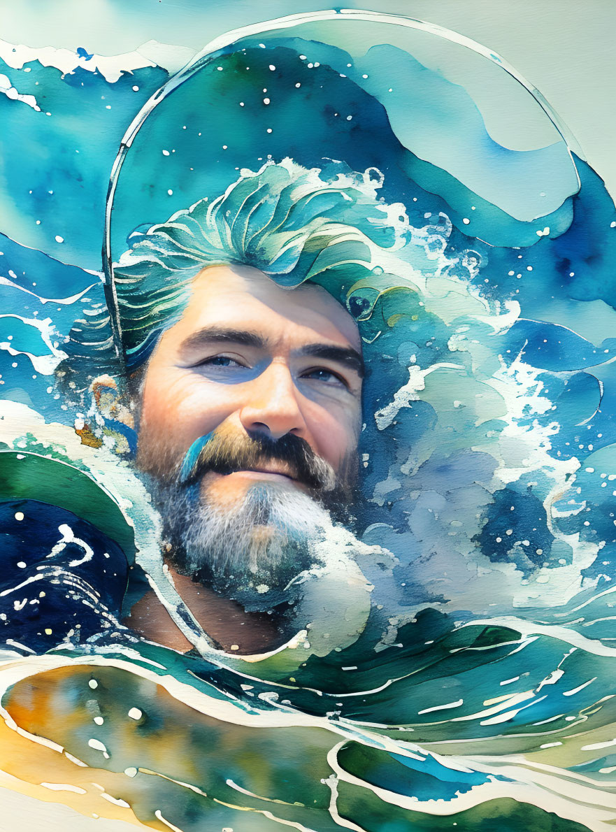 Portrait of Bearded Man Blended with Ocean Wave