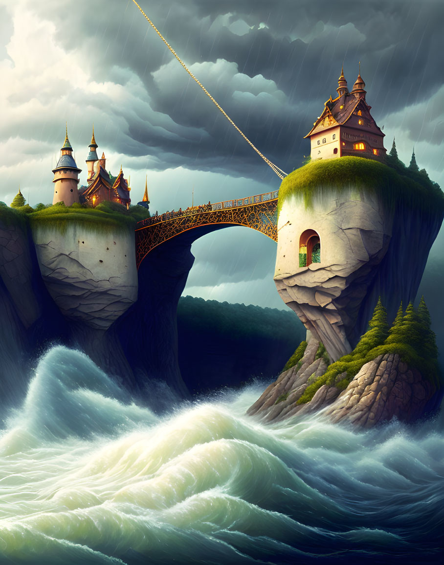 Fantastical image of castles on cliffs with bridge over turbulent seas