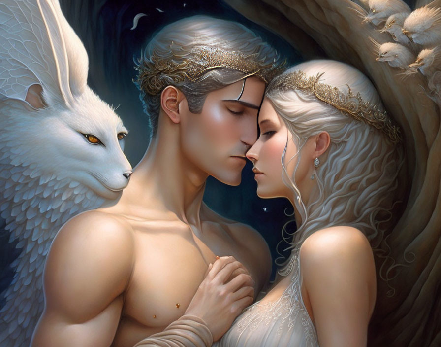 Ethereal beings with mythical creatures in intimate scene