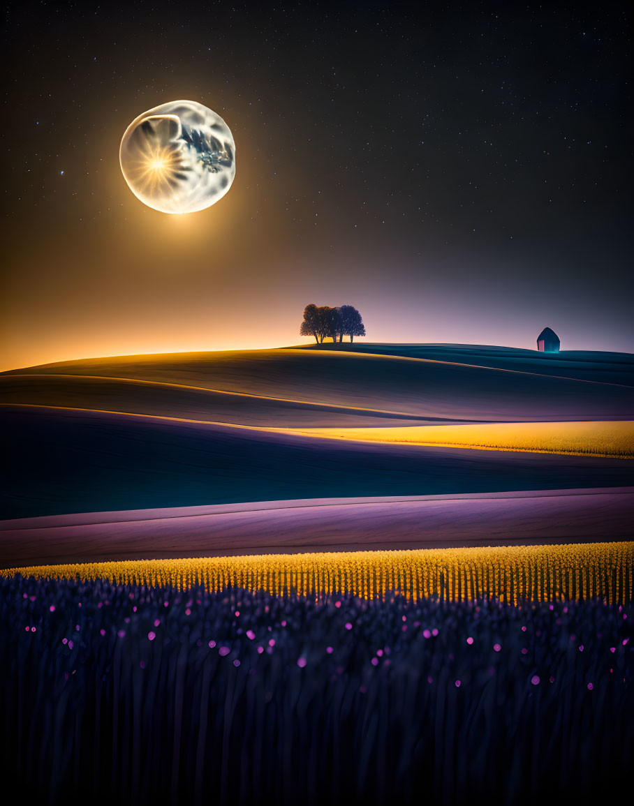 Surreal landscape with moon, hills, barn, trees, flowers, and starry sky