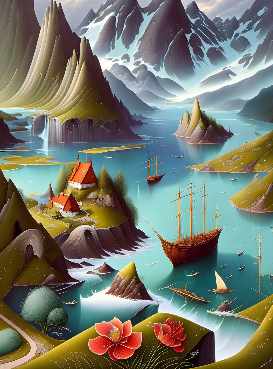 Mythical fjord illustration with towering mountains