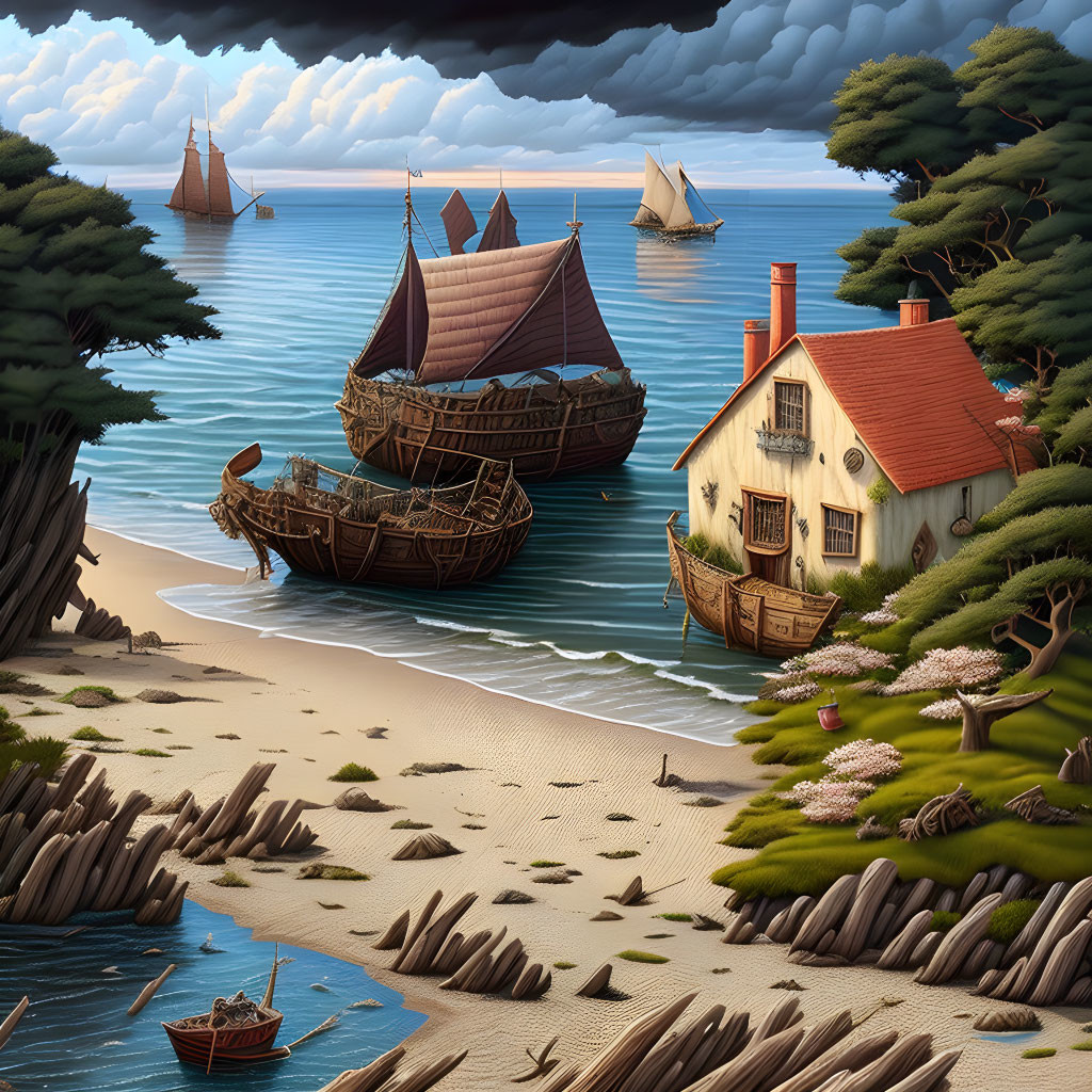 Coastal scene with old ships, quaint house, boats, and cloudy sky