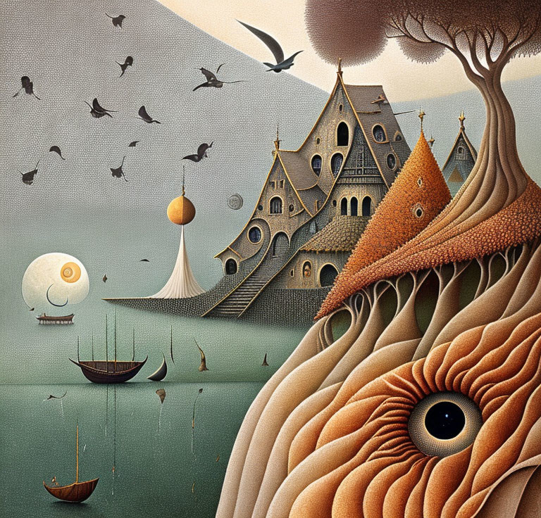 Surreal painting: eye in landscape with tree, boats, birds, moon, whimsical building