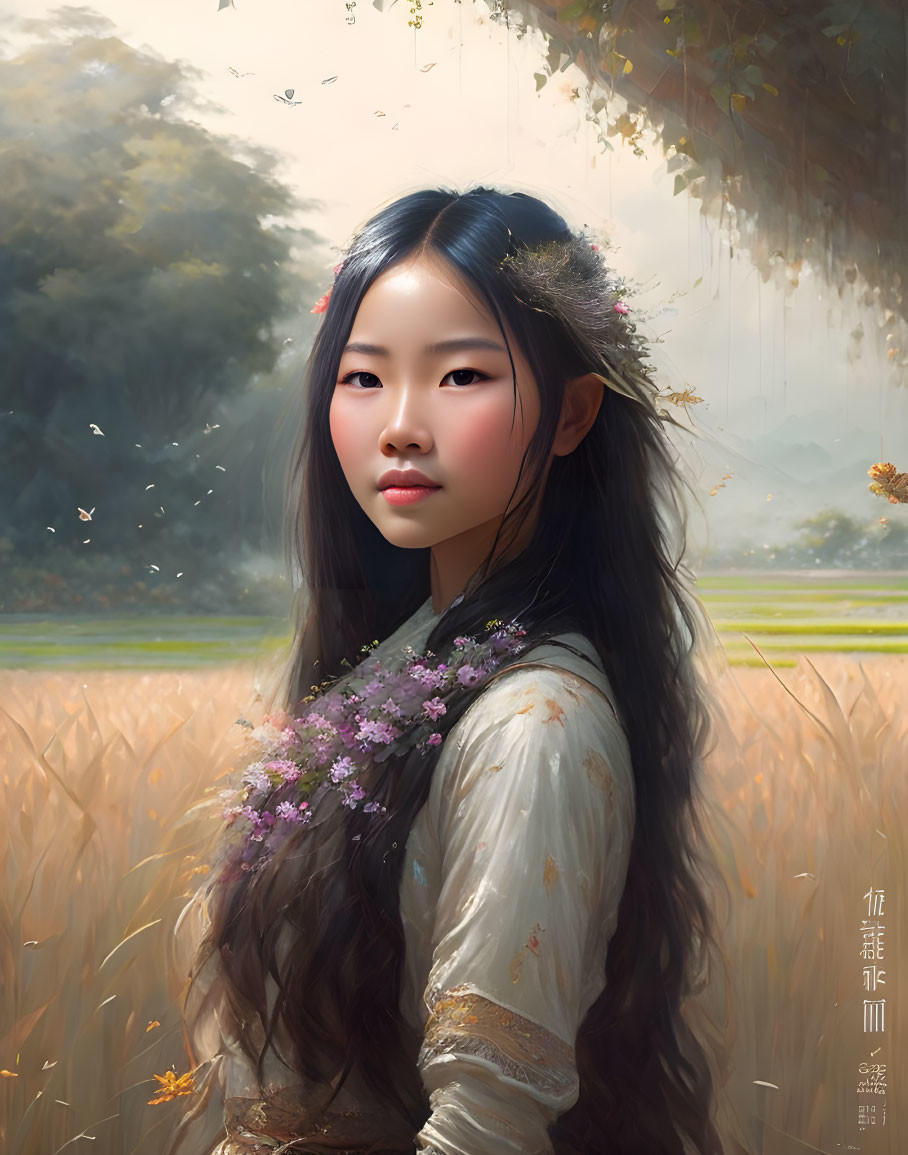 Young girl with flowers in hair, golden field and butterflies scene