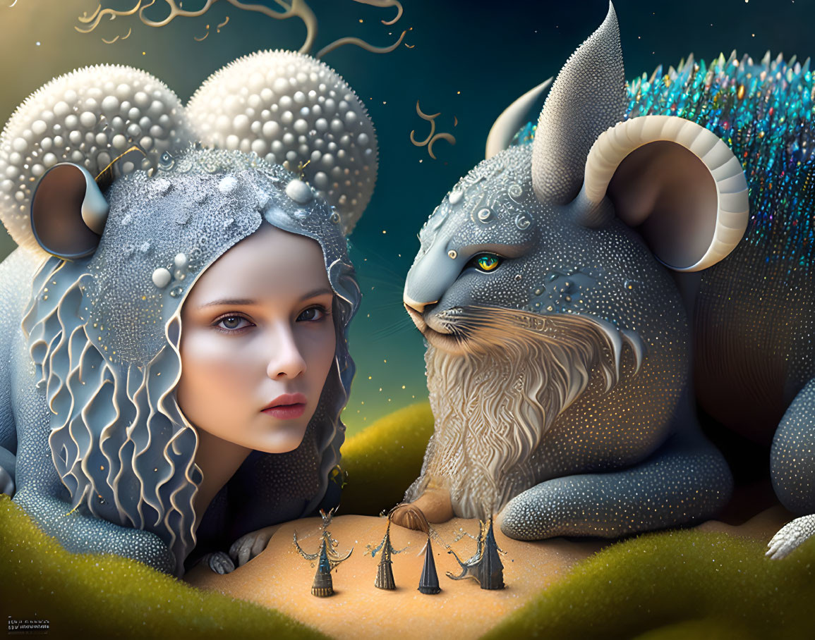 Surreal illustration: Woman's face merges with fantastical creatures