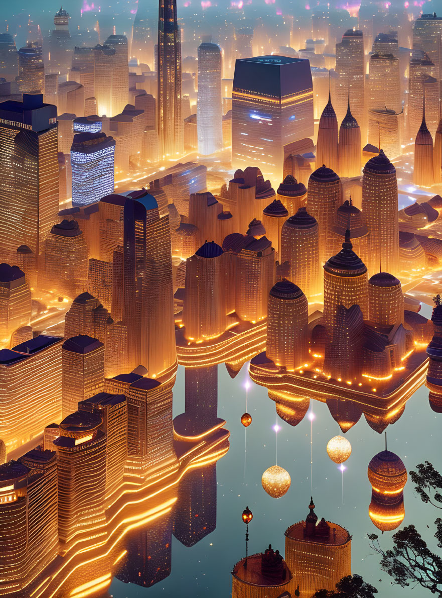 Futuristic night cityscape with illuminated buildings and flying lanterns