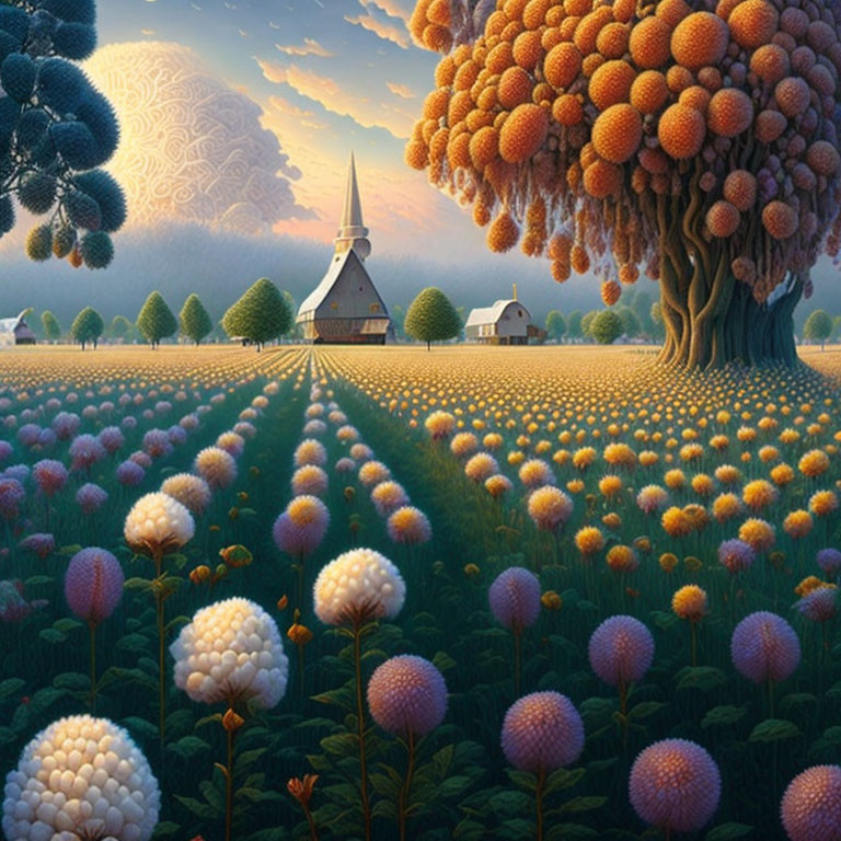 Whimsical landscape with giant tree, round fruit, fluffy flowers, church, and patterned skies