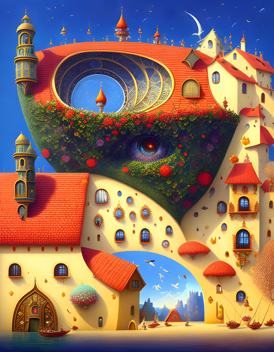 Fantastical building illustration with floral details in dusk setting