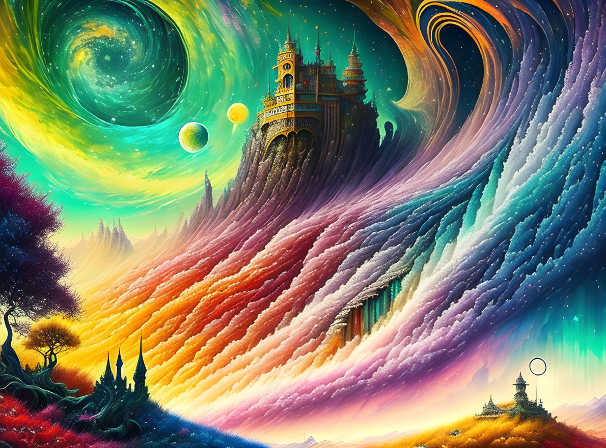 Colorful Fantasy Landscape with Castle, Starry Sky, and Temples