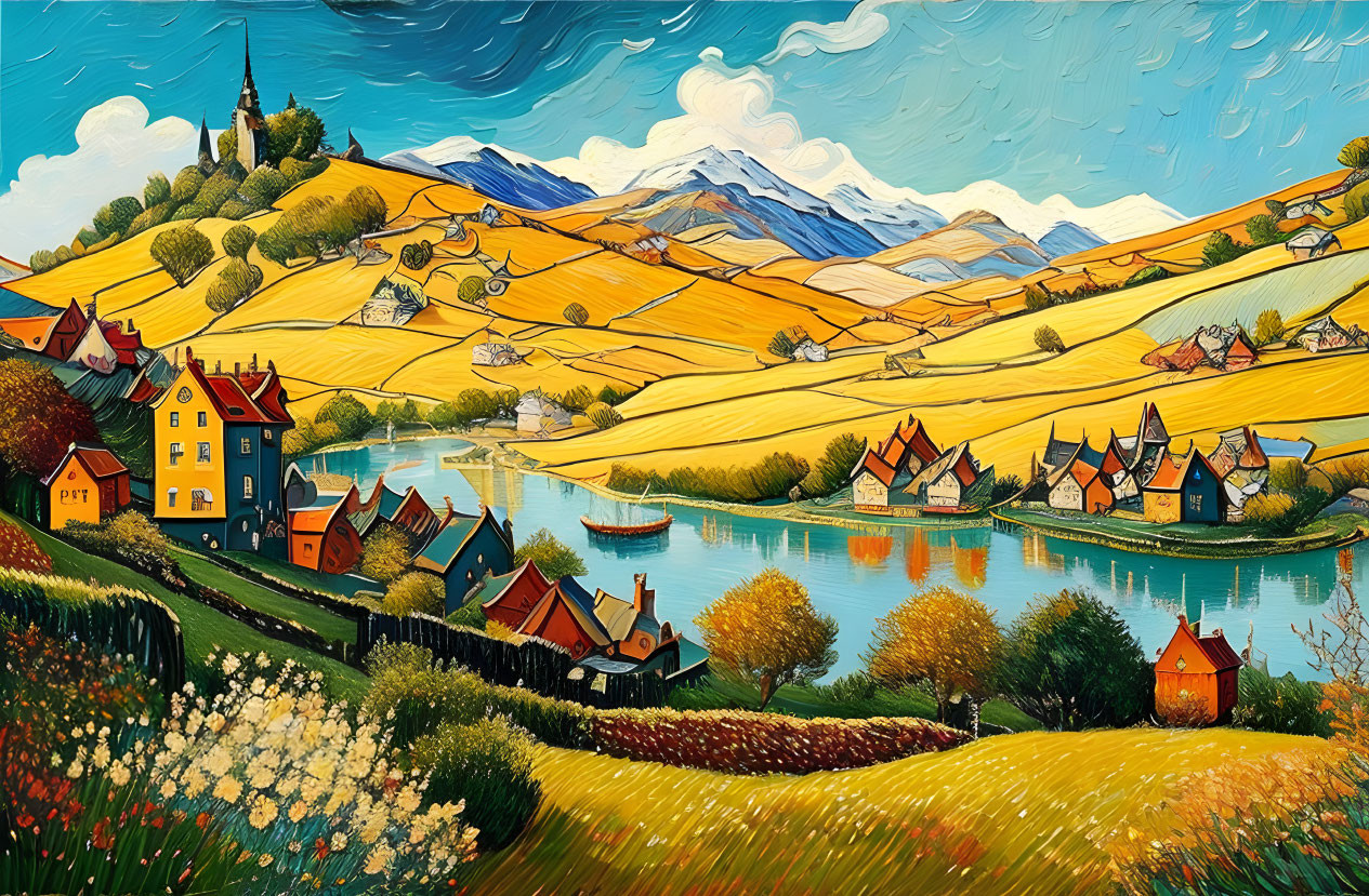 Colorful village painting with river, hills, and mountain under blue sky