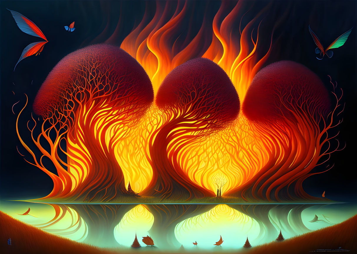 Colorful digital artwork: Three fiery trees, glowing branches, reflections, whimsical butterflies