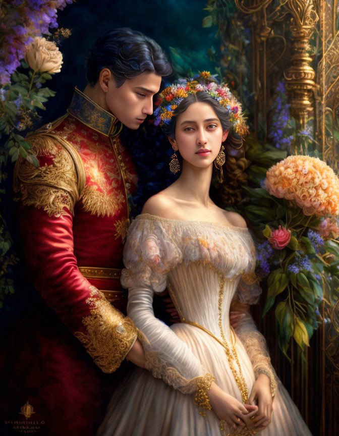 Regal couple in historical attire surrounded by vibrant flowers