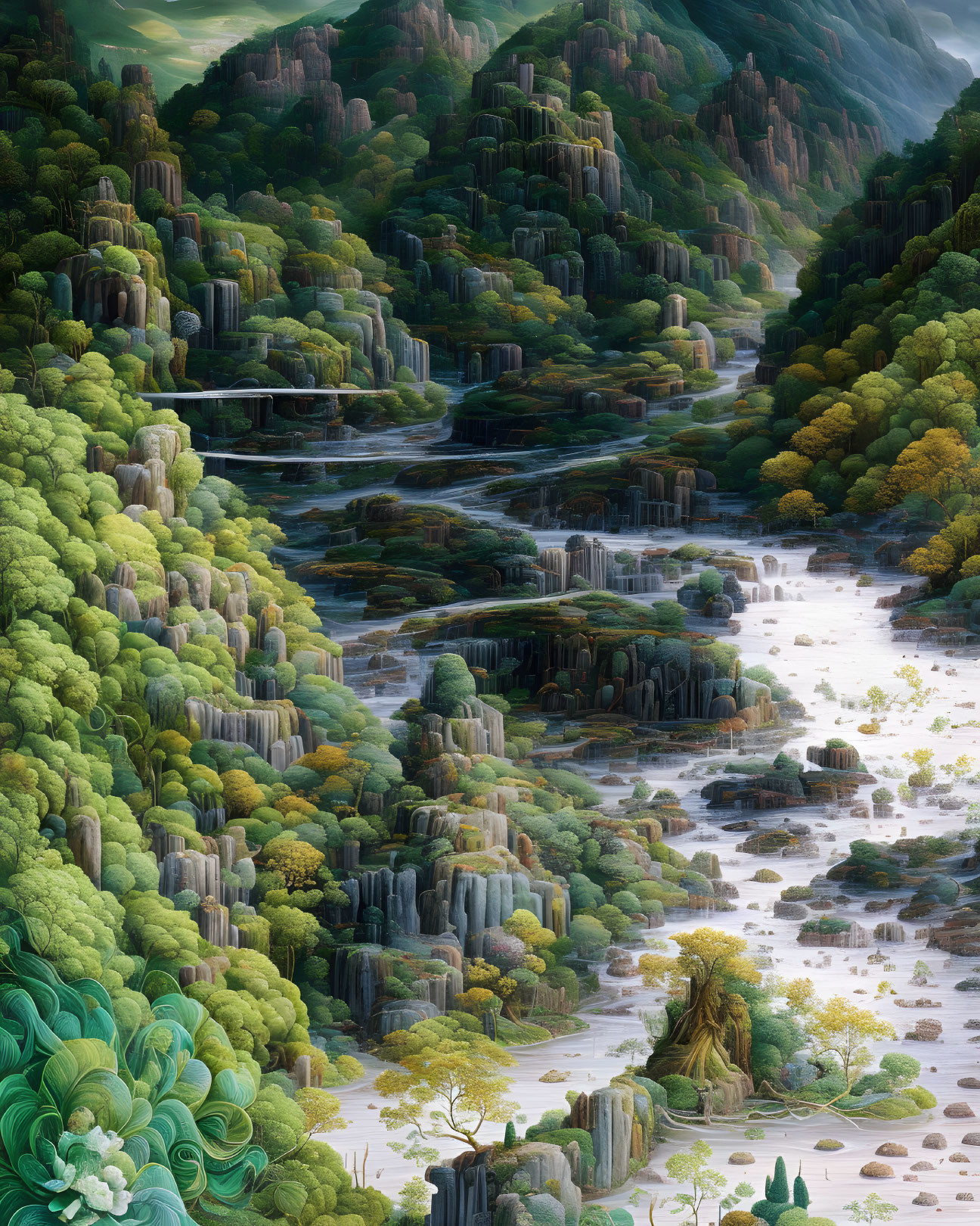 Serene landscape: terraced waterfalls, dense forests, river in green valley