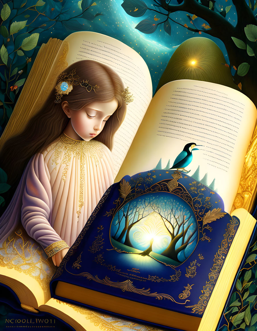 Girl with Floral Crown Reading Book with Peacock Illustration