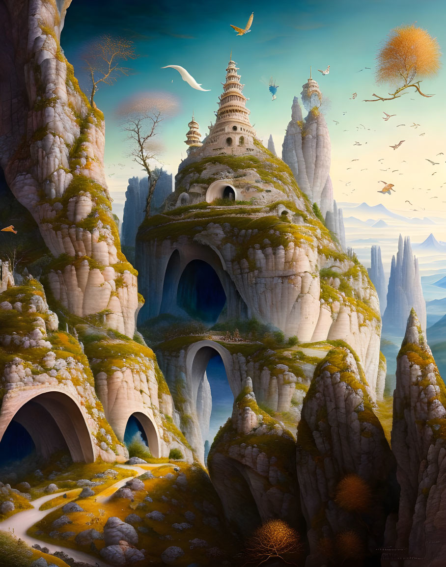 Fantastical landscape with tall rocky spires, tower, archways, birds, serene sky