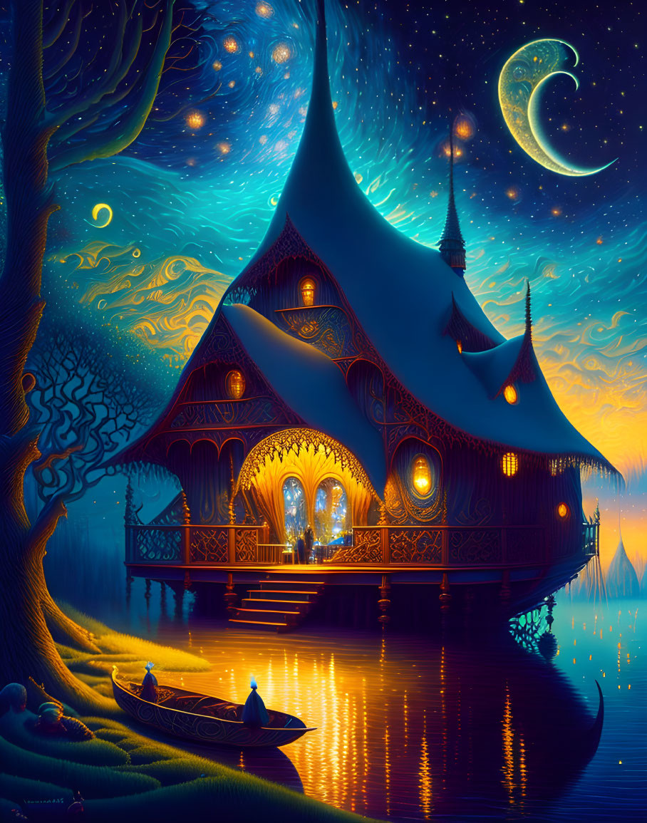 Luminescent house by serene lake at night with crescent moon