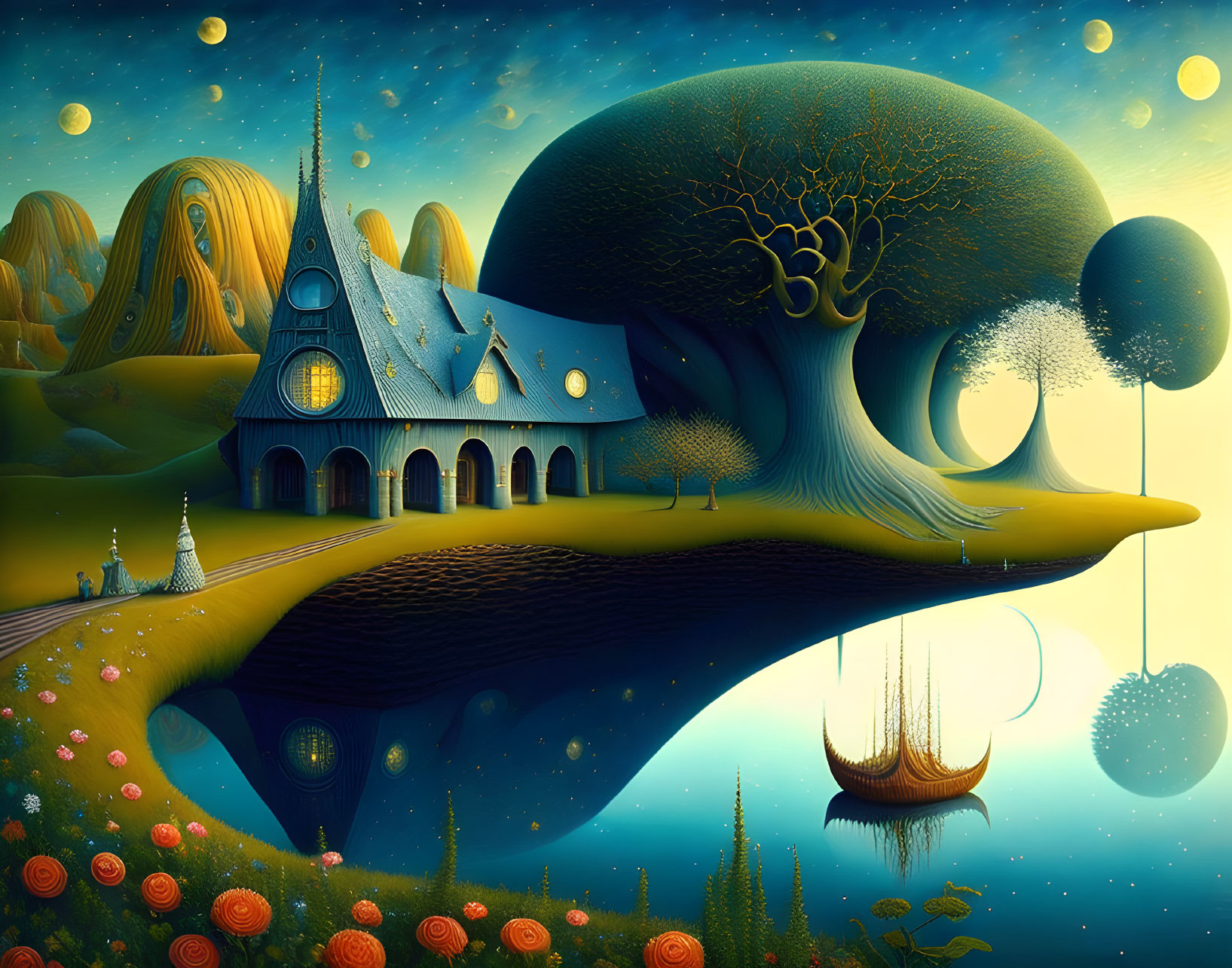 Fantasy landscape with giant tree, house, floating islands, starry sky, vibrant flowers, and