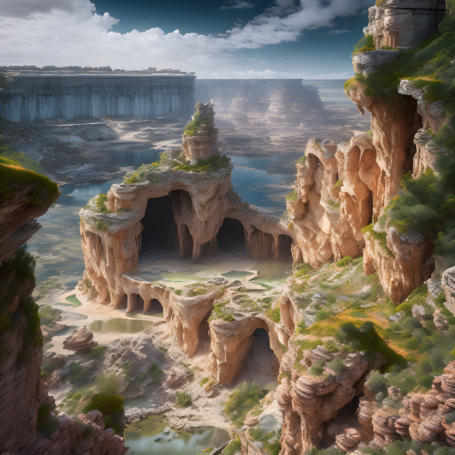 Majestic fantasy landscape with towering cliffs and tranquil water pools