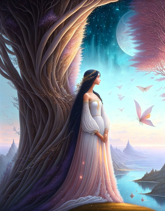 Woman in flowing dress by tree in serene, starlit mountain landscape