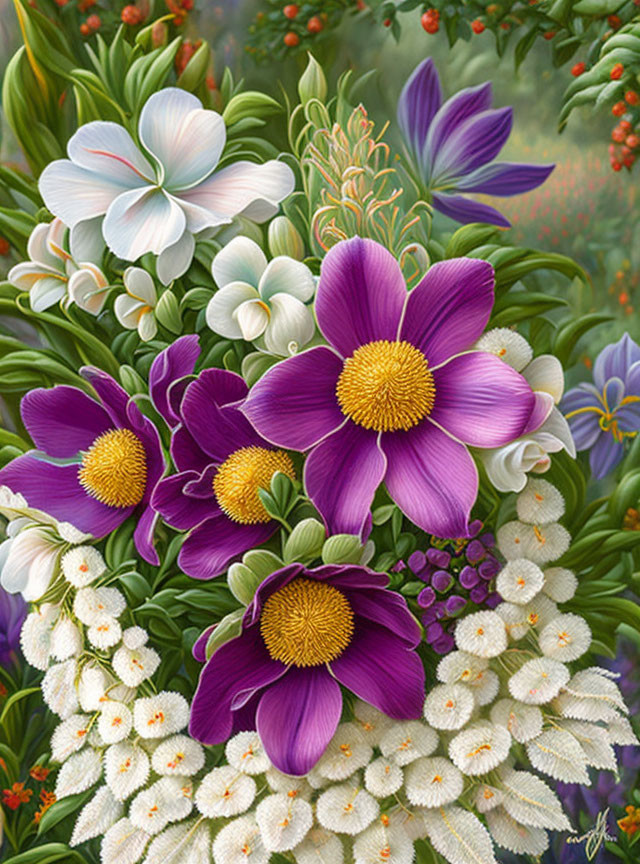 Colorful floral painting with purple, white, and red flowers on green foliage