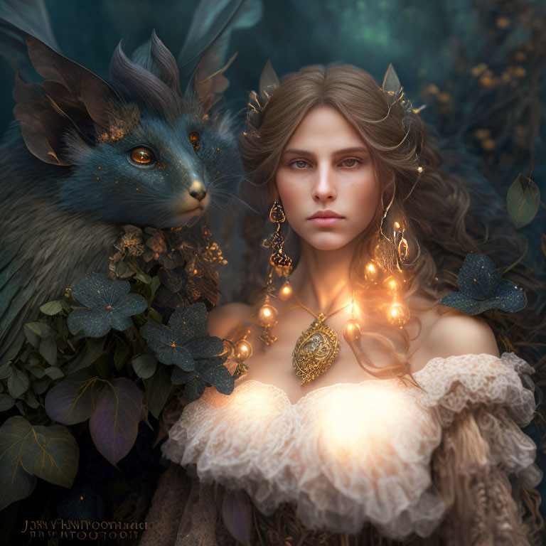 Woman with wavy hair and leaf adornments in ruffled dress with mythical blue creature in enchanted forest