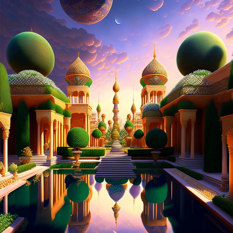 Colorful domed buildings and topiary trees in a symmetrical fantasy landscape at twilight