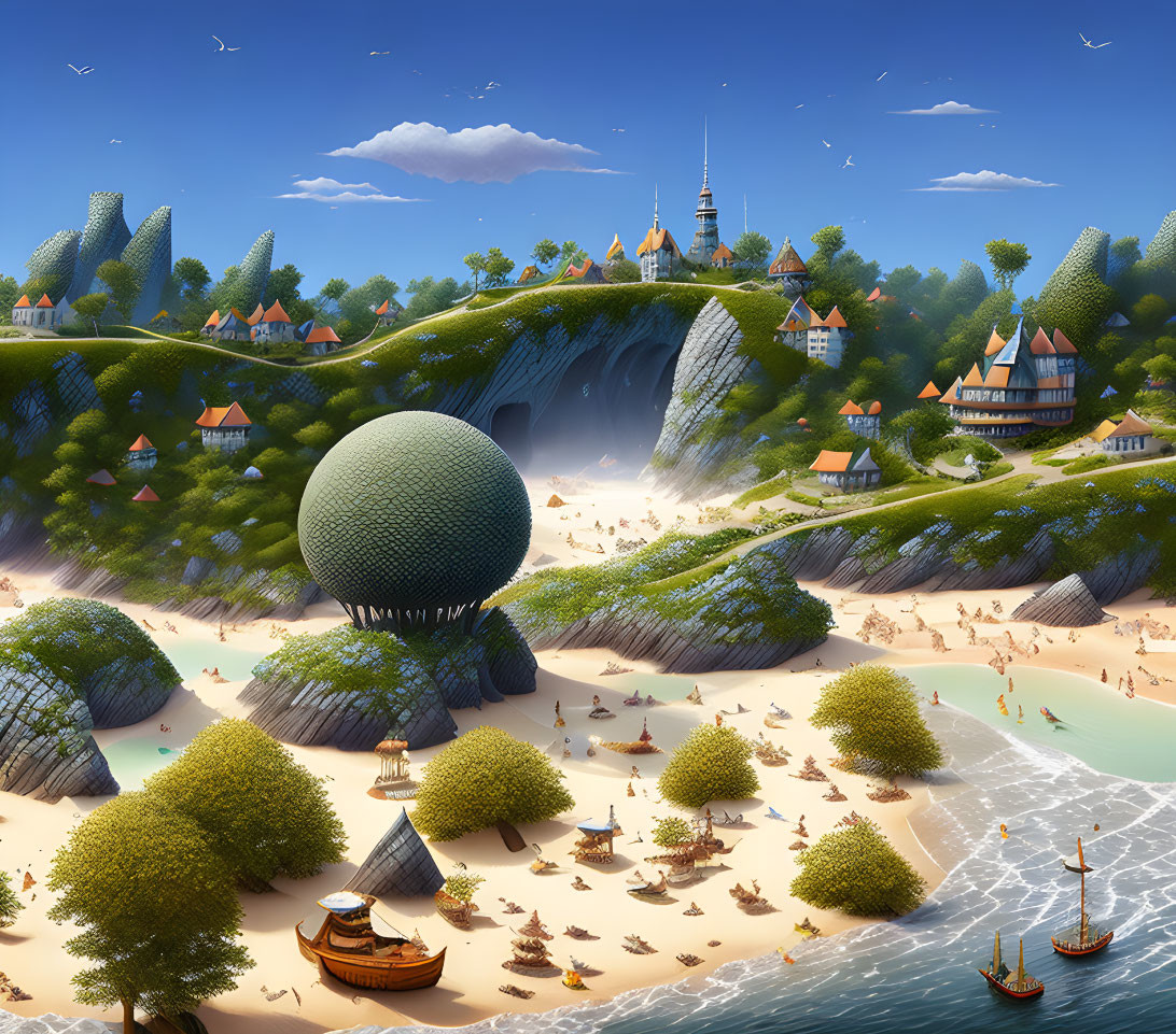 Fantasy landscape with spherical tree, cottages, waterfalls, cliffs, beaches & boats