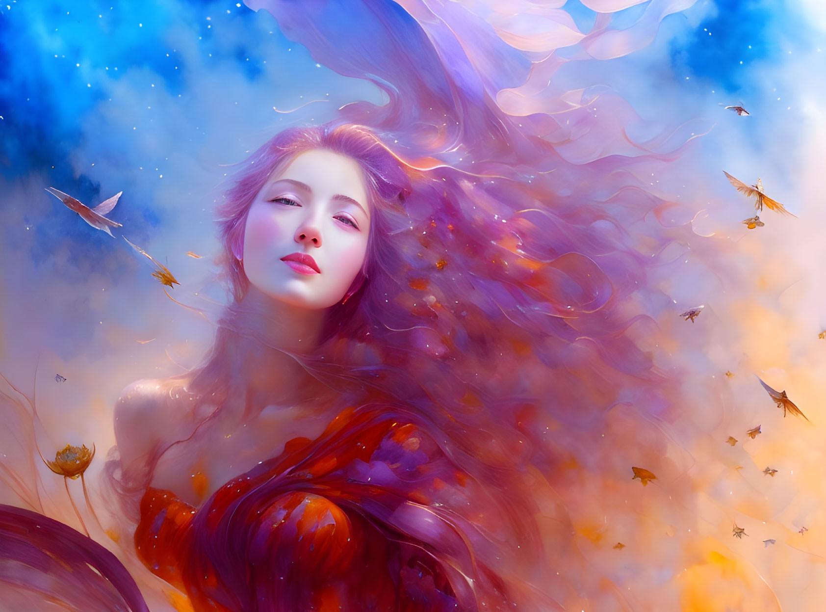 Vibrant red-haired woman in fantastical blue setting with golden leaves